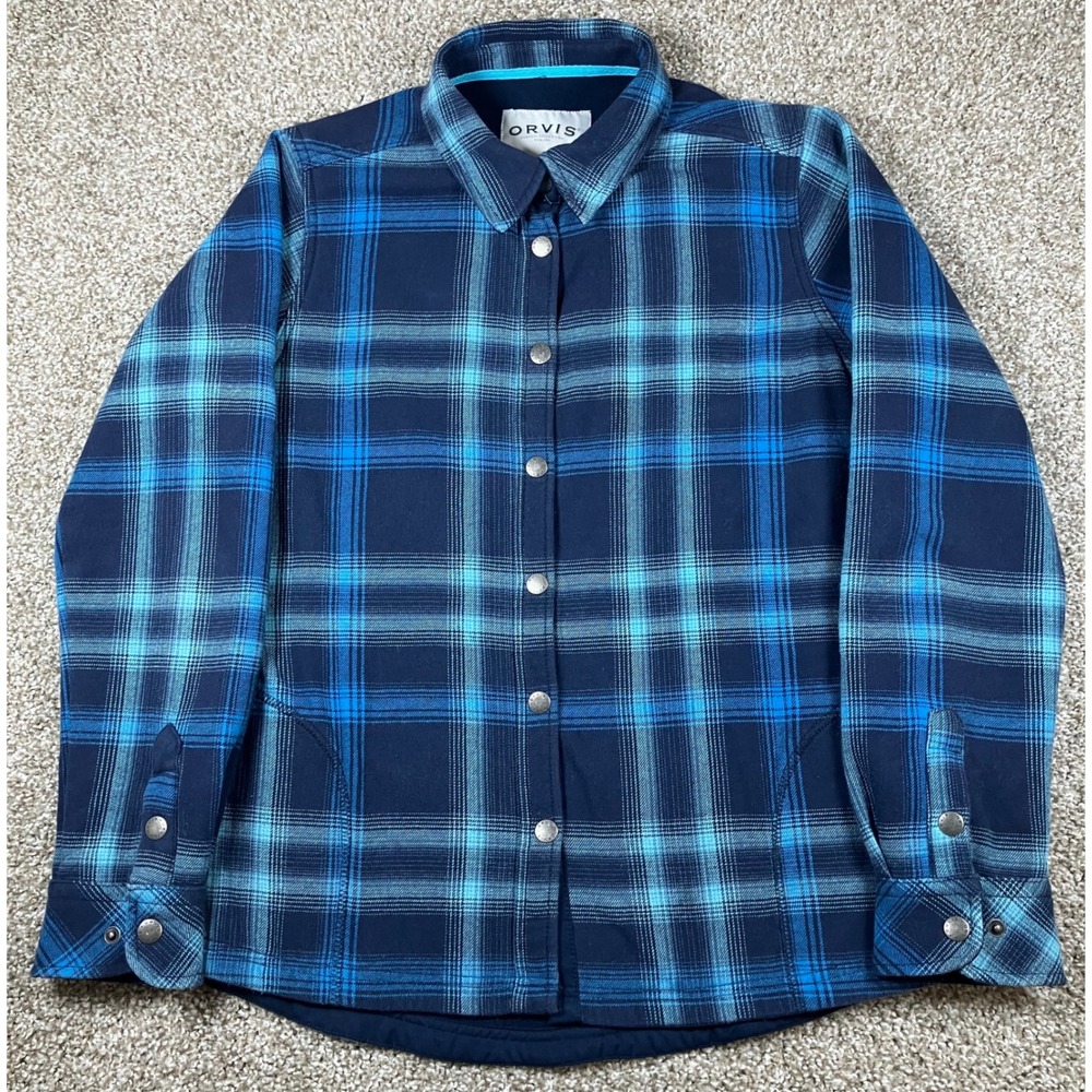 Orvis Womens Blue Plaid Fleece Lined Flannel Shirt Jacket Snap Front Size M